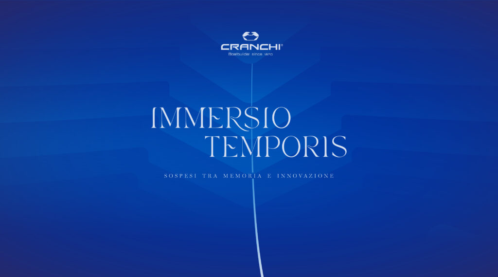 Visual Cranchi landing page, immersio temporis, cranchi yachts, installazione, esperienza immersiva, fuorisalone 2025, blu, mare, rebranding, nuova identità