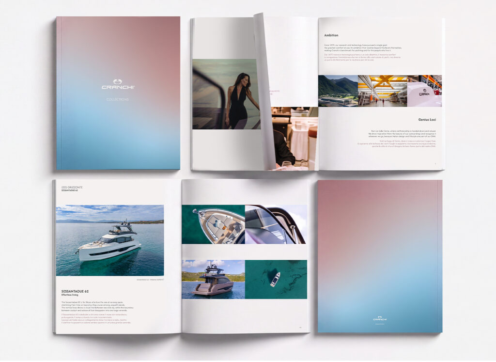 Cranchi rebranding_catalogo Visione complessiva dei cataloghi che mostrano il rebranding del marchio Cranchi Yachts, con il nuovo gradiente in copertina