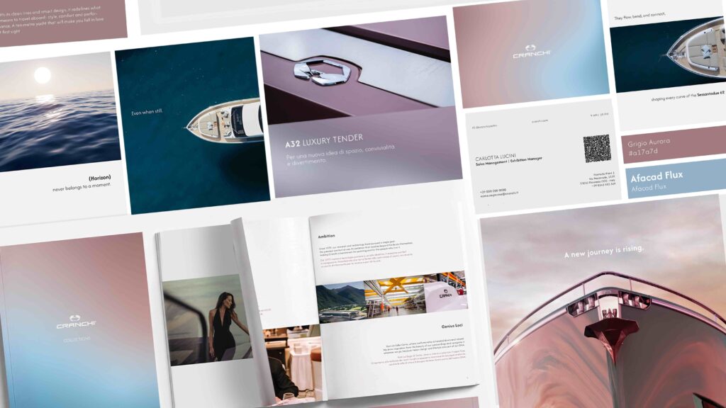 Cranchi rebranding_moodboard Moodboard che mostra il rebranding visivo di Cranchi Yachts, con particolare attenzione al gradiente