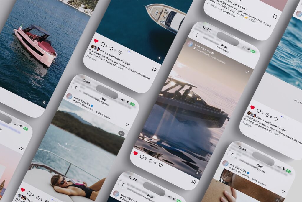 Cranchi rebranding_social Board con esempi di post social a dimostrazione della nuova social strategy e visual identity di Cranchi Yachts, a seguito del rebranding